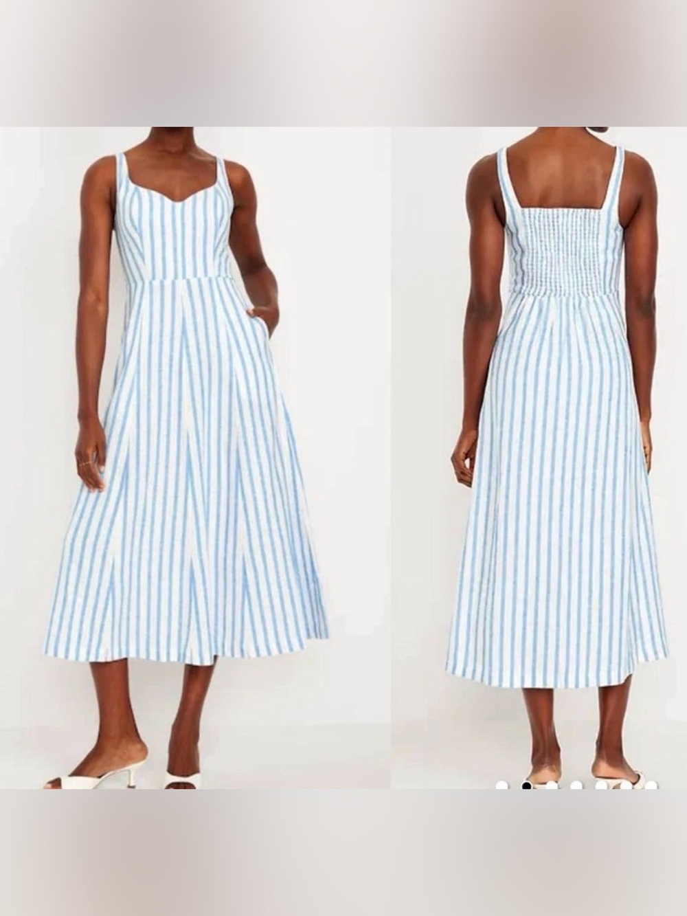 NWT Old Navy 3X Fit Flare Sleeveless Midi Dress Blue White Stripe Linen Blend